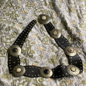 Black Leather, Metal and Stone Studded Women's Belt
